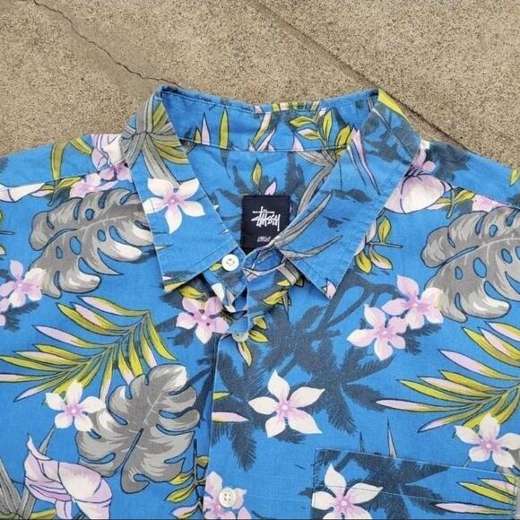 Vtg Y2k STUSSY Tropical Flowers Floral All Over Print Skate Button Up Shirt M - Picture 2 of 4